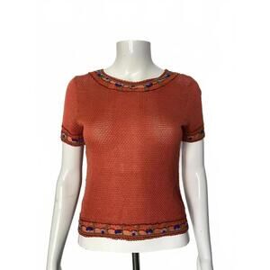 Moschino Cheap And Chic Short Sleeve Cotton Knit Beaded Sweater Top US-4 Orange